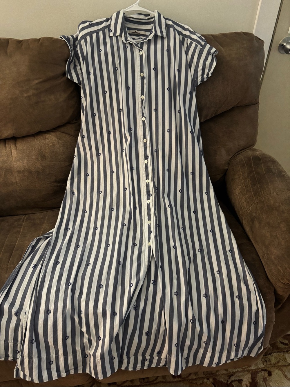 LOFT Navy and White Striped Button-Front Maxi Dress
